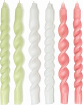 TWIST'D - Gedraaide kaarsen set - groen/wit/oud roze - 6 stuks - 29 cm - dinerkaars - kaarsen - twisted candles - swirl kaarsen