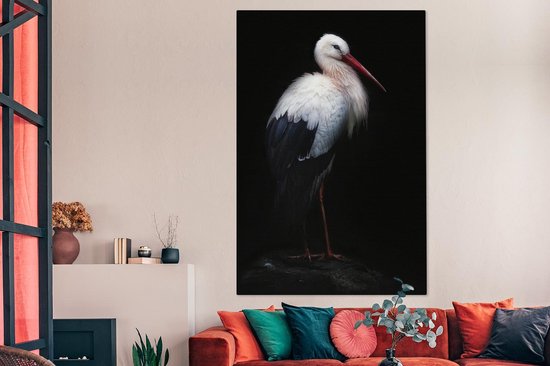 Canvas schilderij 120x180 cm - Wanddecoratie Portret ooievaar op zwarte achtergrond - Muurdecoratie woonkamer - Slaapkamer decoratie - Kamer accessoires - Schilderijen op canvas