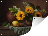 Tuinschilderij Kunst - Stilleven - Zonnebloemen - Citroen - Schilderij - 80x60 cm - Tuinposter - Tuindoek - Buitenposter