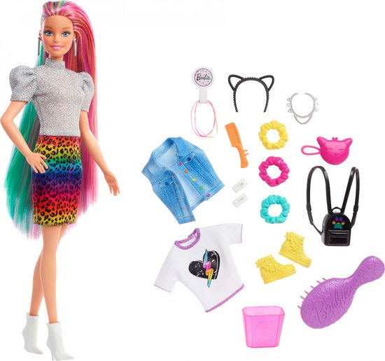 Neerduwen Elektrisch haar Barbie Luipaard en Regenbooghaar Pop + Accessoires | bol.com