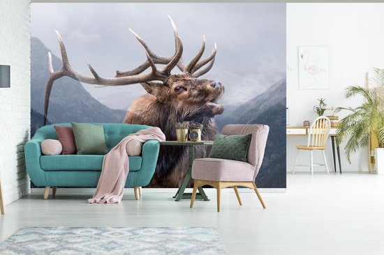 Papier peint photo peint photo vinyle - Double exposition cerf et montagnes largeur 360 cm x hauteur 260 cm - Tirage photo sur papier peint (disponible en 7 tailles)