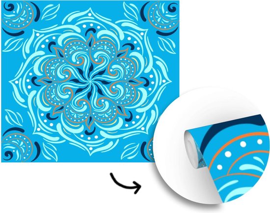 Motif carré avec un mandala détaillé sur fond bleu 260x260 cm