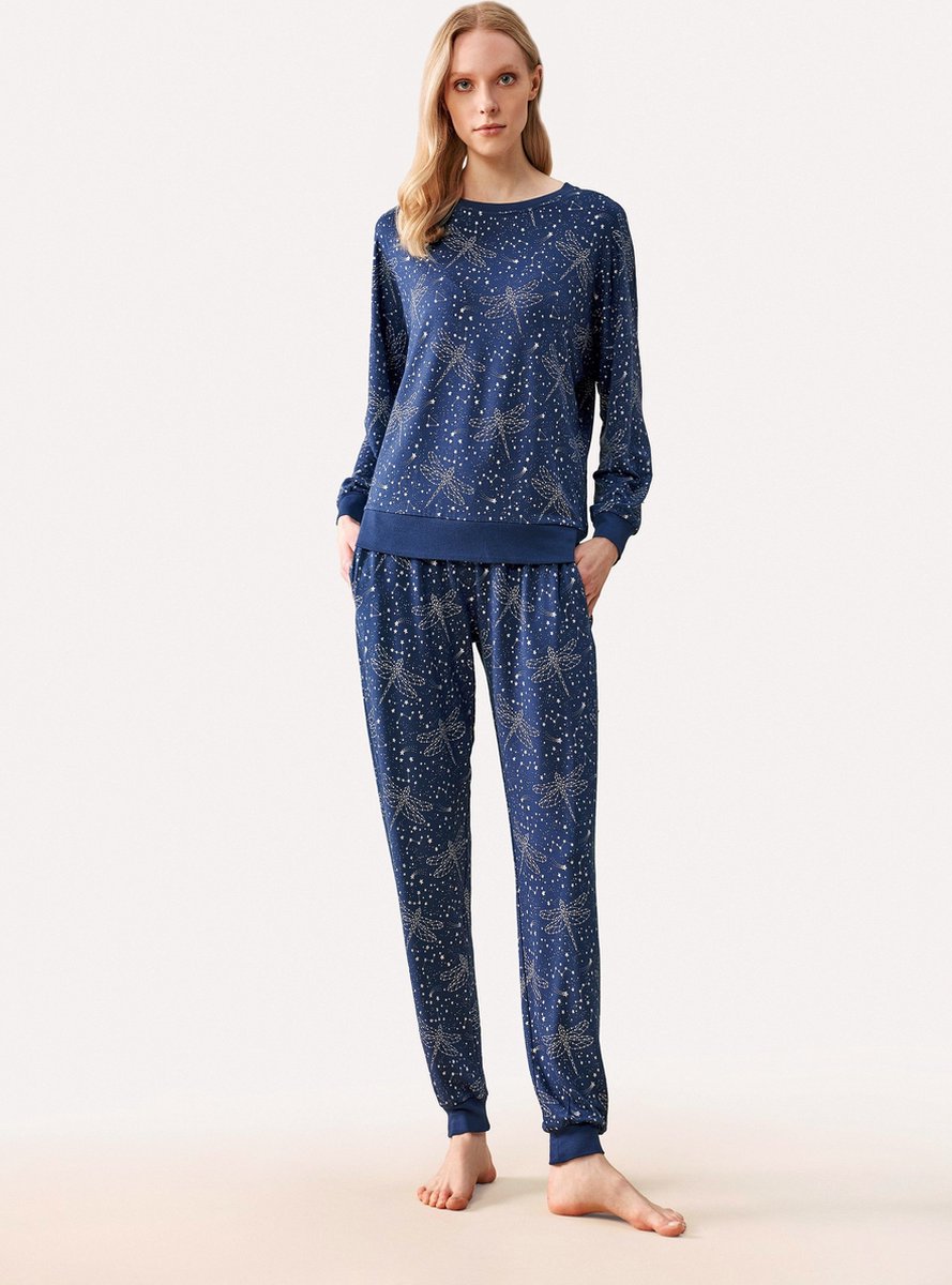 Feyza - Pyjama Set Voor Dames, Lange Mouwen, Donkerblauw - S