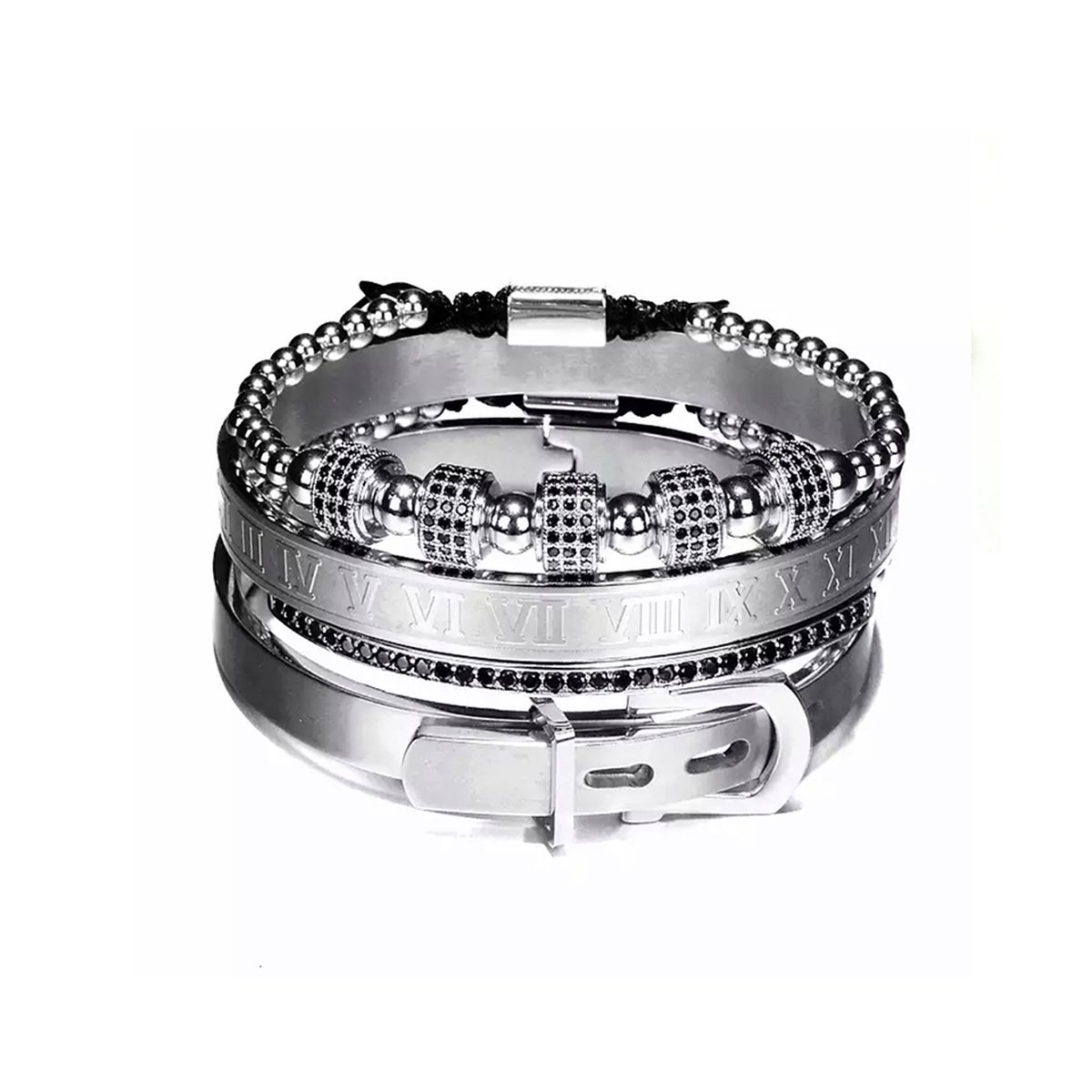 Luxe Armbanden Set 4-Delig | Zilver | Klemarmband | Zilveren Armbanden | Armband Mannen | Armband Heren | Cadeau voor Man | Mannen Cadeautjes | Moederdag | Moederdag Cadeau | Vaderdag | Vaderdag Cadeau | Valentijn | Valentijnscadeau