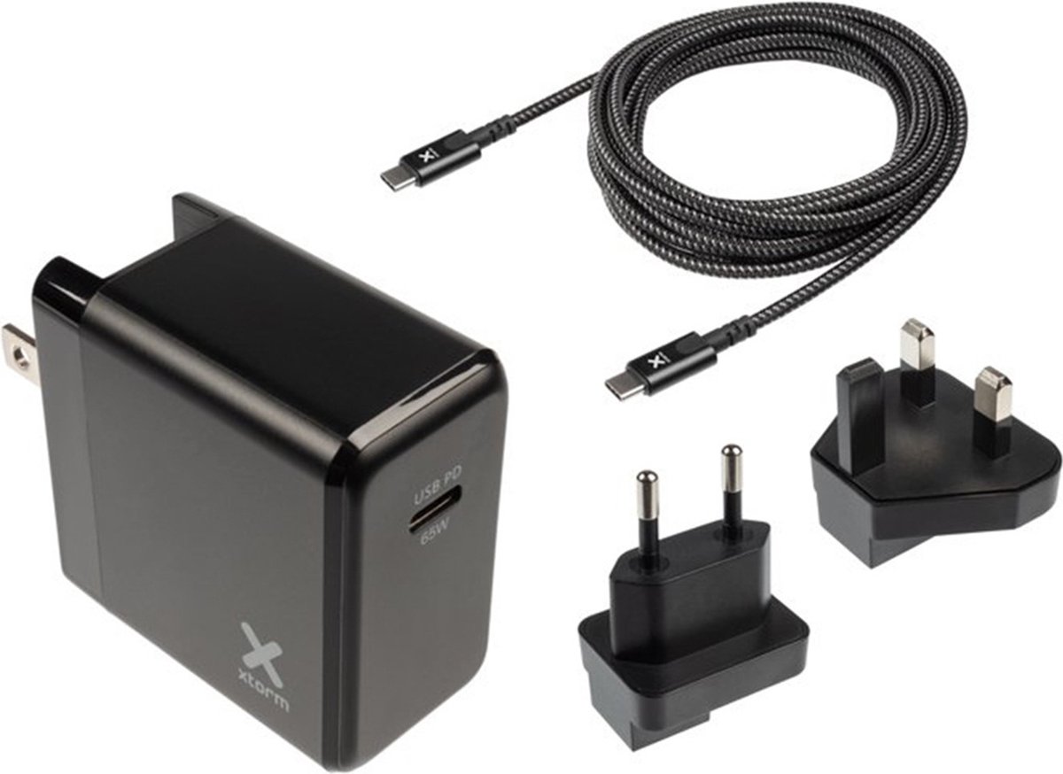 Xtorm / Reisstekker voor laptop - 65W - 2 opzetstekkers - Wereldstekker / Engelse stekker / Reisstekker Engeland - 2 USB poorten - Inclusief USB-C kabel - Zwart