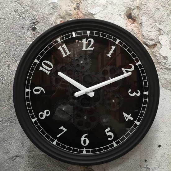 Dorboker Wandklok, oversized, echte bewegende tandwielen, met gehard glas, massief hout, retro, boerderijklok, decoratieve rustieke wandklok, voor woonkamer, thuis, keuken, kantoor, zwart, 68 cm