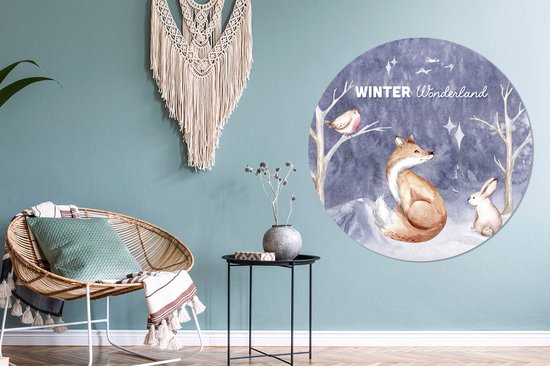 WallCircle - Stickers muraux - Cercle Papier Peint - Hiver - Neige - Renard - 120x120 cm - Cercle Mural - Auto Adhésif - Sticker Papier Peint Rond XXL