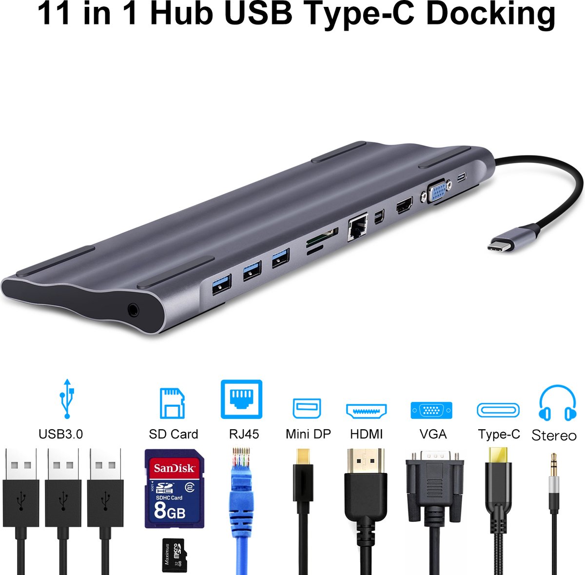 USB C 11-in-1 dockingstation Hub, Mini DisplayPort, Ethernet, 3 USB-poorten, SD-kaart, Luidsprekeraansluitingen, HDMI / VGA Kabel / SD kaart / TF / RJ45 Internet / USB-C converter Geschikt voorApple MacBook Air / Pro / HP / Dell / Asus / Microsoft