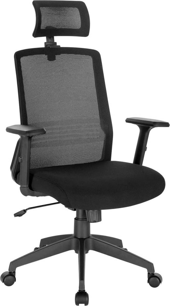Ergonomische Bureaustoel met Verstelbare Rugleuning + Armleuning + Hoofdsteun - Mesh - Zwart