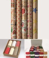 Kerst inpak set 12 delig Christmas kraft - 5 rollen 200 x 70 cm - Cadeaupapier - 5 x cadeau lint 2 x Jute lint dik