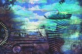 Celtic Tree - Canvas schilderij - Steampunk Luchtschip Compositie - 40x60cm  - Blauw - Paars - Premium Canvas - Fantasie - Industrieël - Magisch - Steampunk - Wanddeco - Schilderij