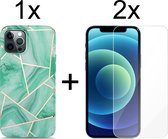 iPhone 13 hoesje marmer groen siliconen case apple hoes cover hoesjes - 2x iPhone 13 Screenprotector