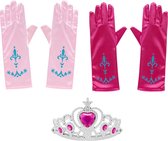 Het Betere Merk - Voor bij je prinsessen verkleedkleding - prinsessenspeelgoed meisje - speelgoed - 3-Pack - handschoenen + Kroon - Tiara - Roze - Fuchsia