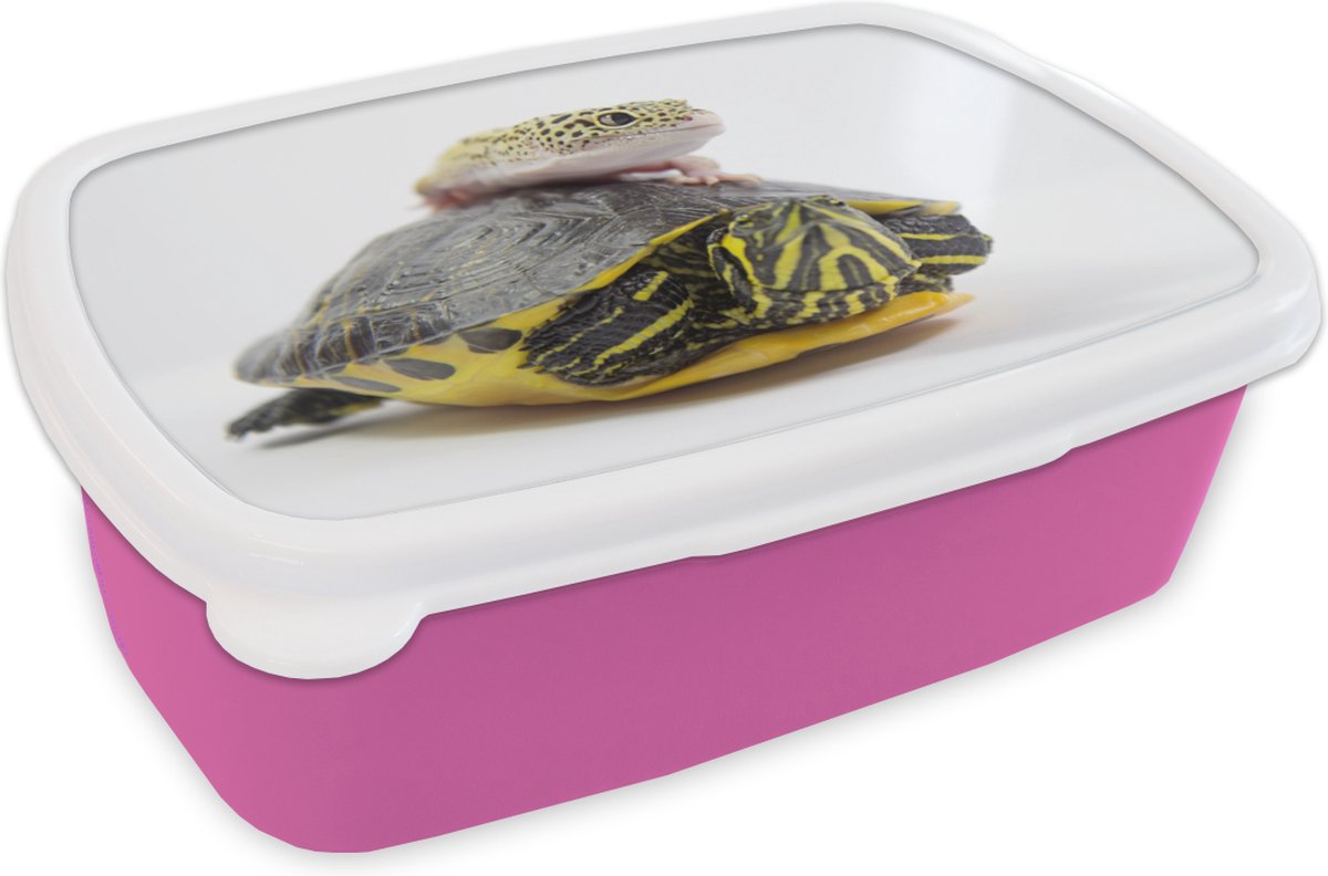 Broodtrommel Roze - Lunchbox - Brooddoos - Gekko op een schildpad - 18x12x6 cm - Kinderen - Meisje