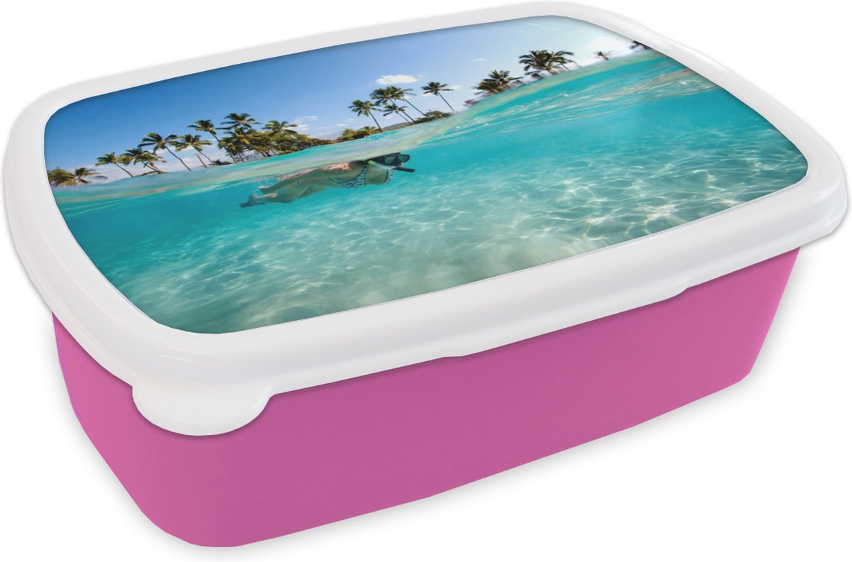 Broodtrommel Roze - Lunchbox - Brooddoos - Zee - Snorkel - Hawaii - 18x12x6 cm - Kinderen - Meisje