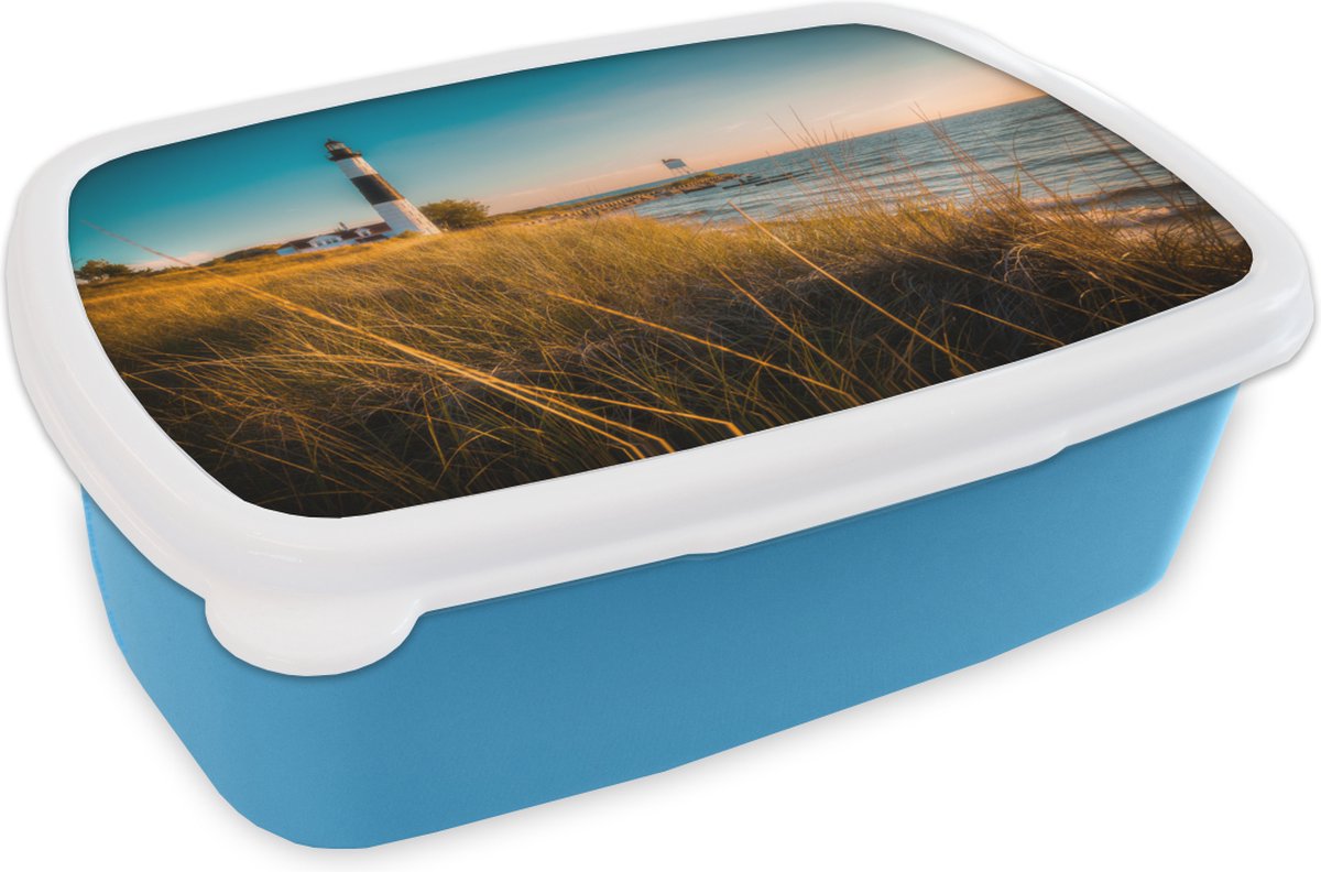 Broodtrommel Blauw - Lunchbox - Brooddoos - Vuurtoren - Zee - Amerika - 18x12x6 cm - Kinderen - Jongen