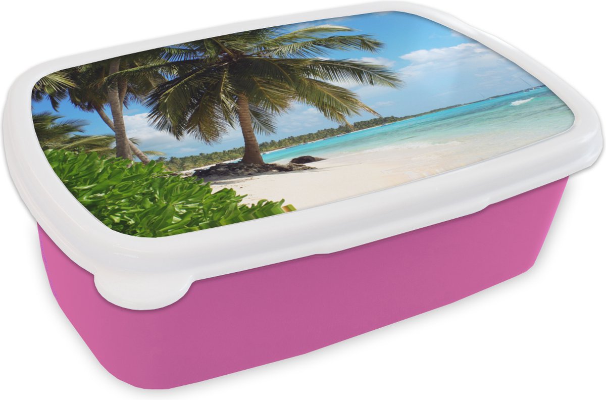 Broodtrommel Roze - Lunchbox - Brooddoos - Palmboom - Zee - Tropisch - 18x12x6 cm - Kinderen - Meisje