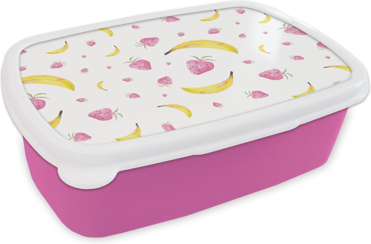 Broodtrommel Roze - Lunchbox - Brooddoos - Banaan - Aardbei - Design - 18x12x6 cm - Kinderen - Meisje