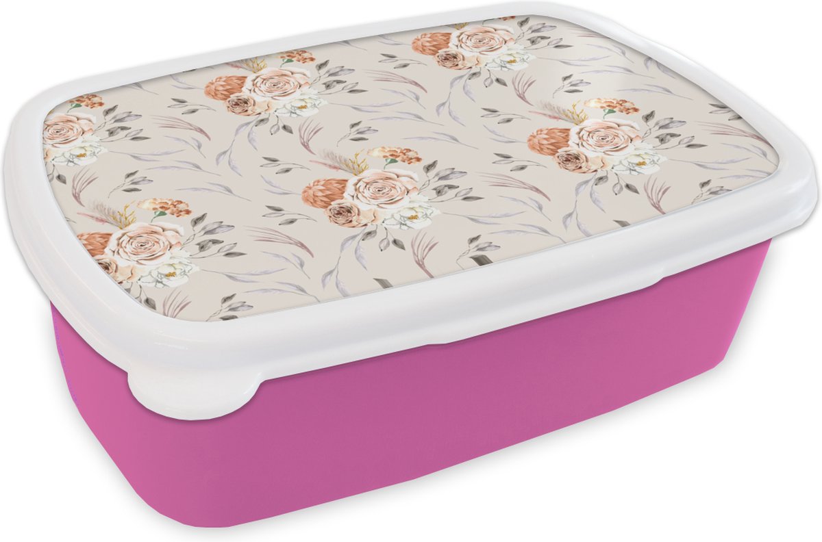 Broodtrommel Roze - Lunchbox - Brooddoos - Rozen - Bladeren - Patroon - 18x12x6 cm - Kinderen - Meisje