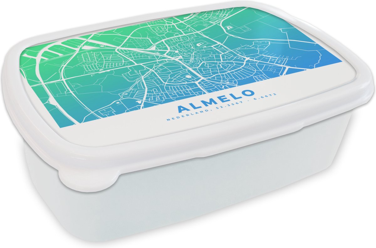 Broodtrommel Wit - Lunchbox - Brooddoos - Stadskaart - Almelo - Blauw - 18x12x6 cm - Volwassenen