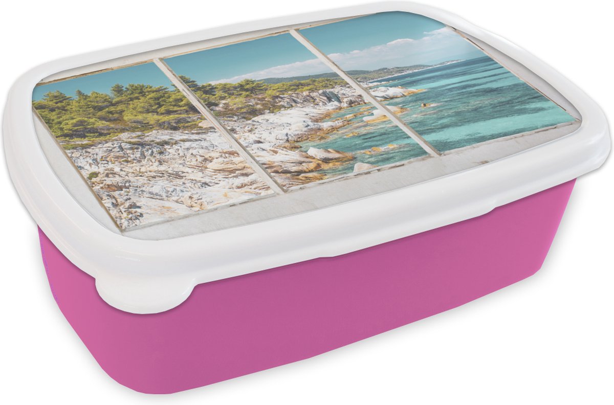 Broodtrommel Roze - Lunchbox - Brooddoos - Doorkijk - Zee - Strand - 18x12x6 cm - Kinderen - Meisje