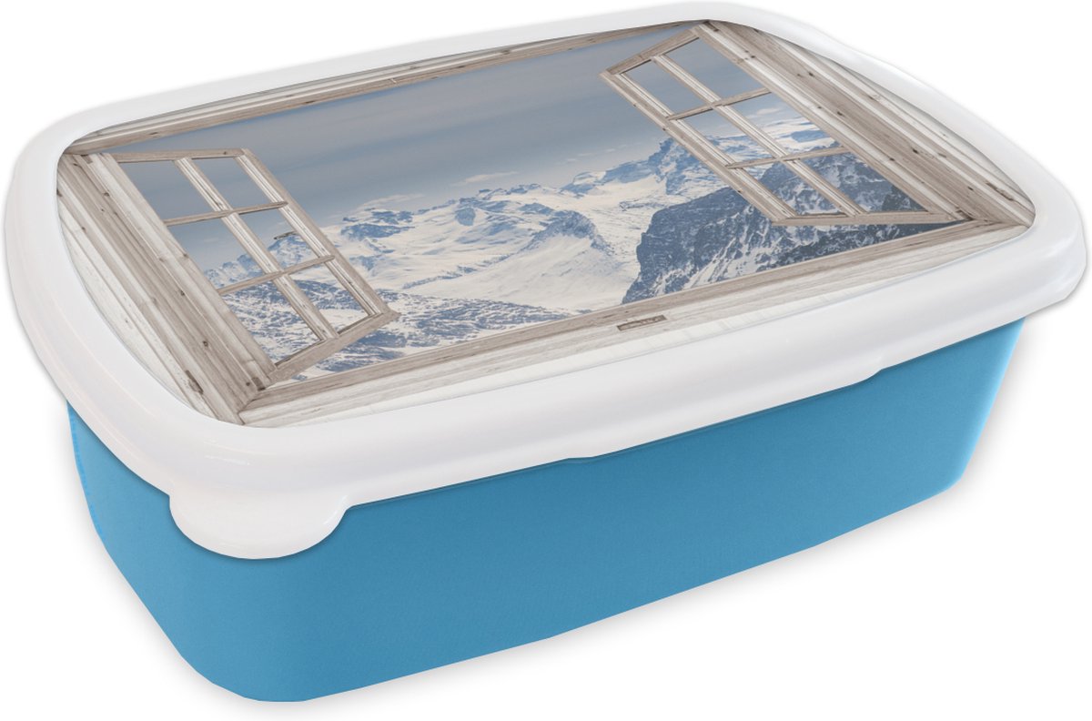 Broodtrommel Blauw - Lunchbox - Brooddoos - Doorkijk - Berg - Sneeuw - 18x12x6 cm - Kinderen - Jongen