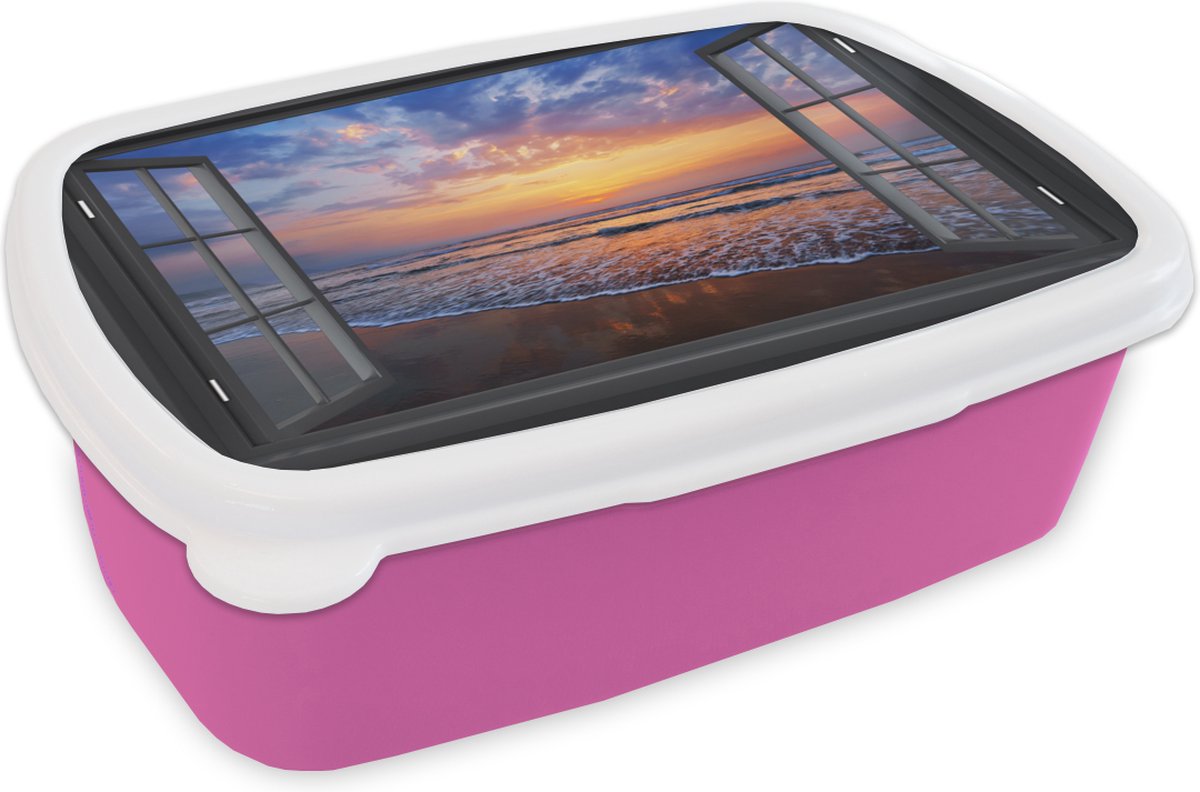 Broodtrommel Roze - Lunchbox - Brooddoos - Doorkijk - Zee - Strand - 18x12x6 cm - Kinderen - Meisje