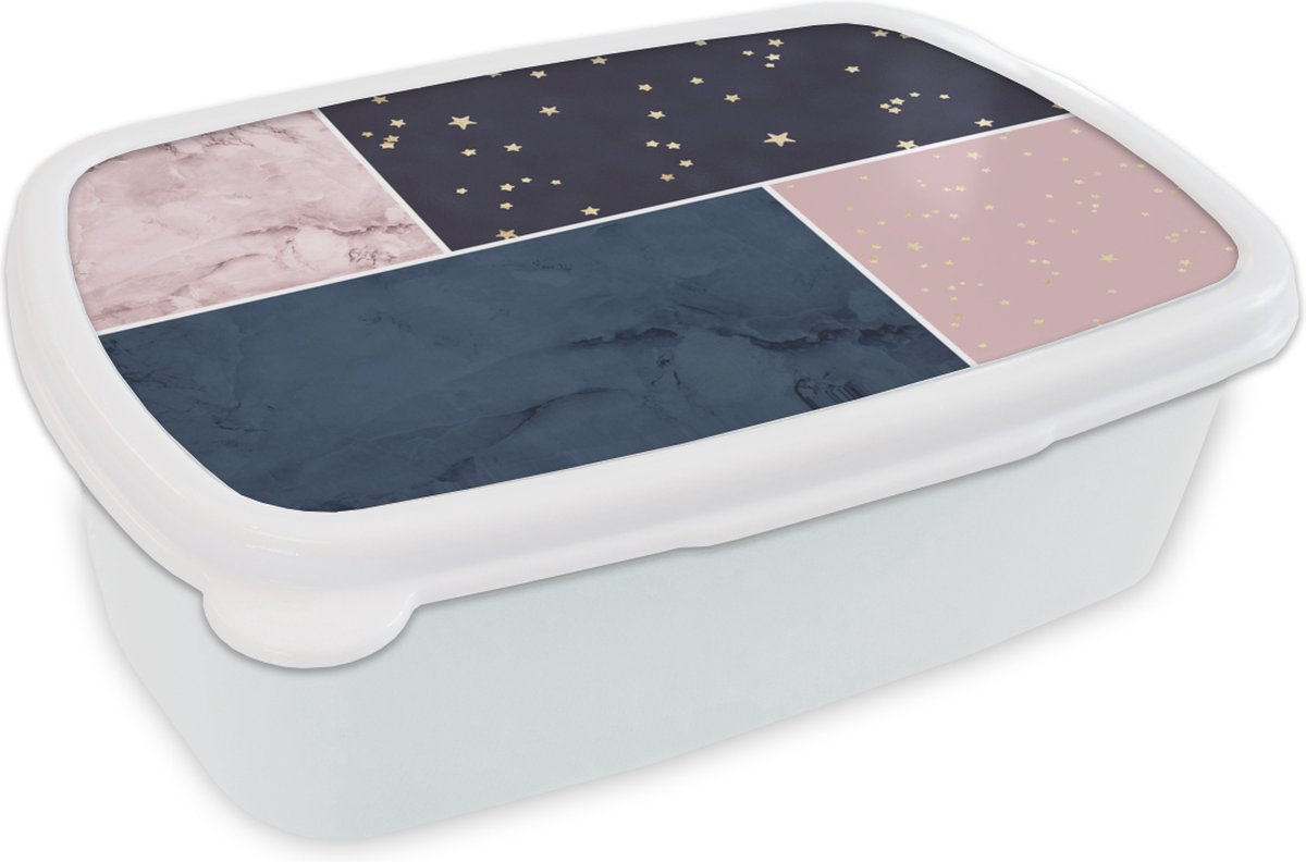 Broodtrommel Wit - Lunchbox - Brooddoos - Marmer - Blauw - Roze - 18x12x6 cm - Volwassenen