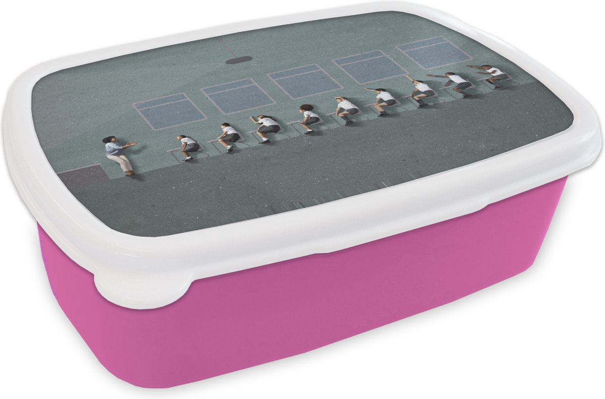 Broodtrommel Roze - Lunchbox - Brooddoos - Abstract klaslokaal - 18x12x6 cm - Kinderen - Meisje