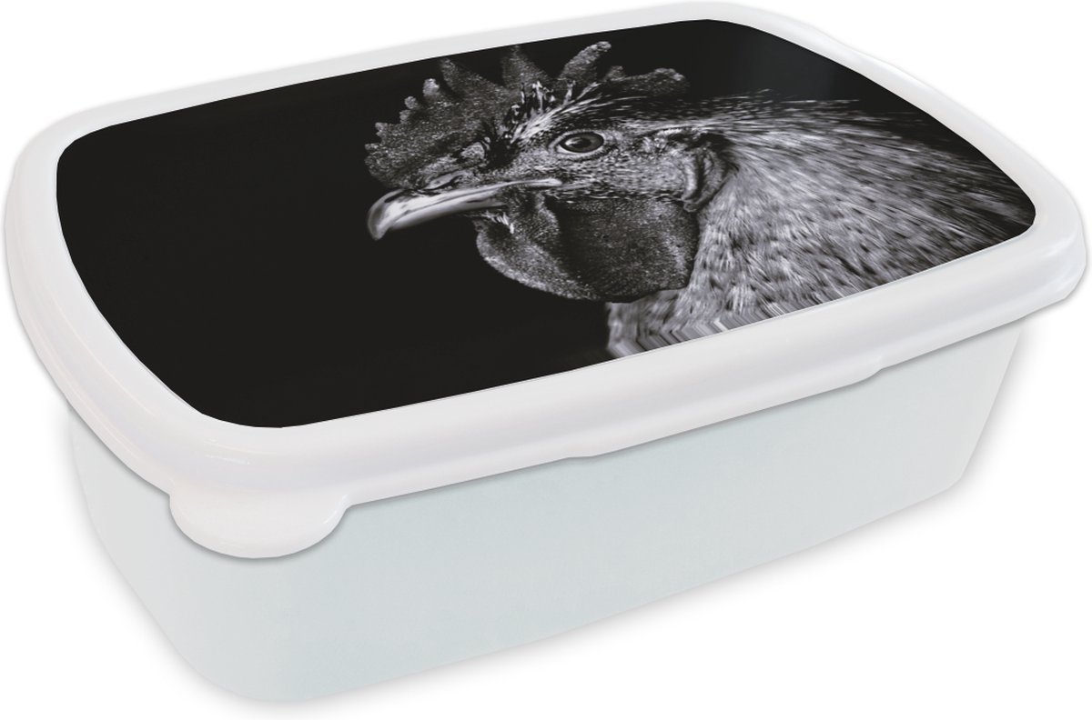 Broodtrommel Wit - Lunchbox - Brooddoos - Haan - Vogel - Zwart - Wit - 18x12x6 cm - Volwassenen