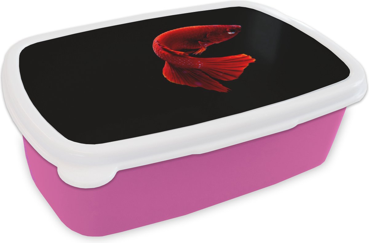Broodtrommel Roze - Lunchbox - Brooddoos - Vis - Rood - Zwart - 18x12x6 cm - Kinderen - Meisje