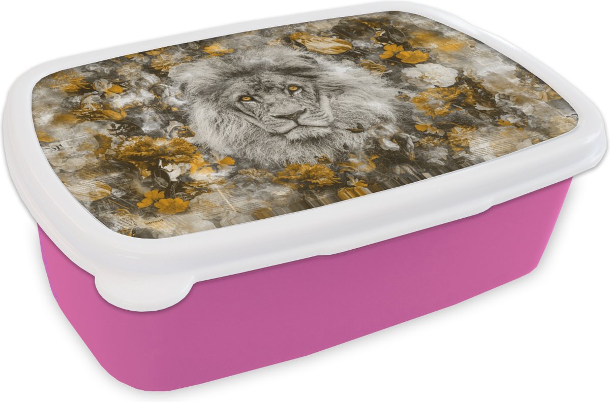 Broodtrommel Roze - Lunchbox - Brooddoos - Leeuw - Bloemen - Krant - 18x12x6 cm - Kinderen - Meisje