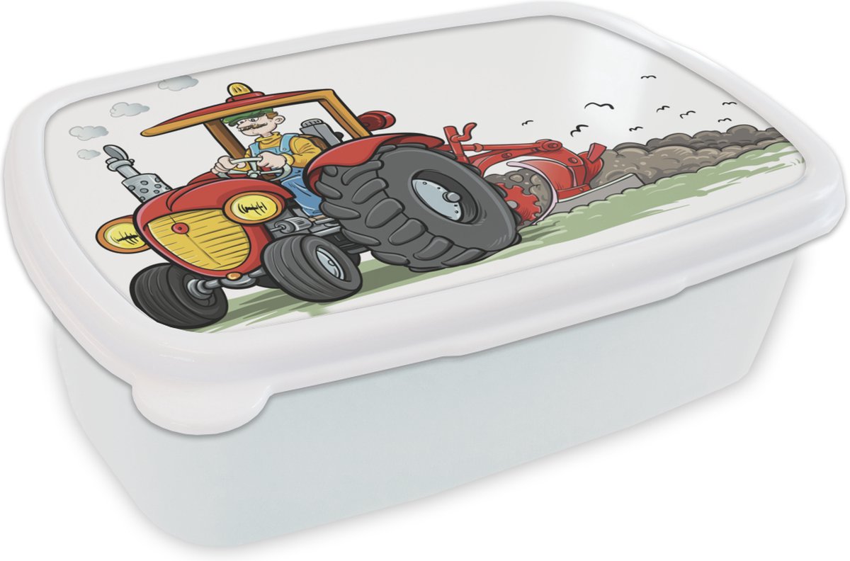 Broodtrommel Wit - Lunchbox - Brooddoos - Trekker - Boer - Rood - 18x12x6 cm - Volwassenen