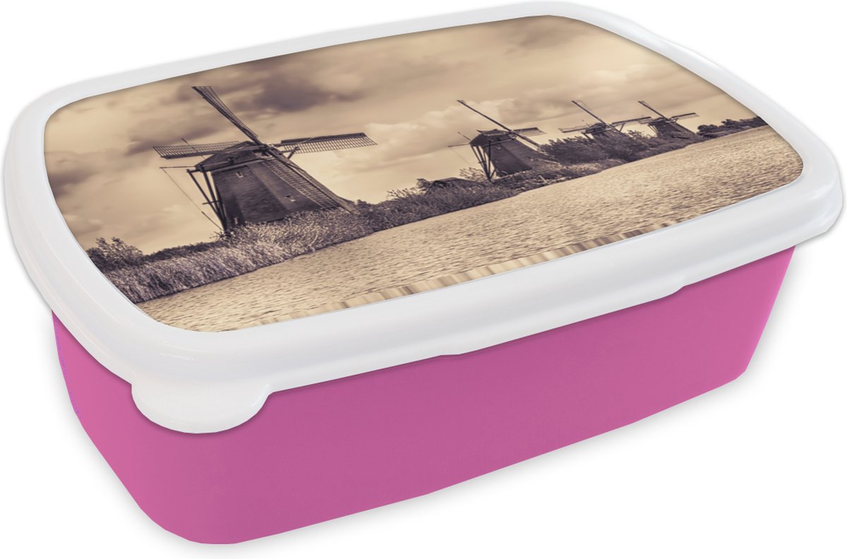 Broodtrommel Roze - Lunchbox - Brooddoos - Molens - Water - Nederland - 18x12x6 cm - Kinderen - Meisje