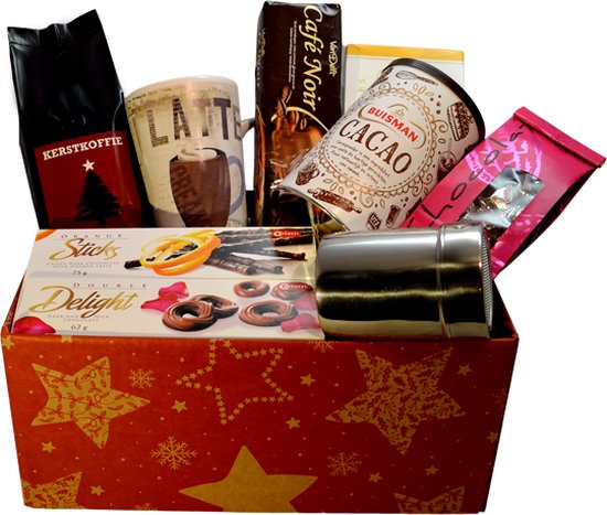 Kerstpakket Koffie met luxe cacao strooier- koffiebeker en vele lekkernijen