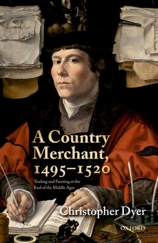 Un marchand de campagne, 1495-1520, commerce et agriculture à la fin du Moyen Âge. Portrait d'un homme en tenue historique, assis à un bureau et écrivant.