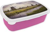 Broodtrommel Roze - Lunchbox - Brooddoos - Molen - Nederland - Water - 18x12x6 cm - Kinderen - Meisje