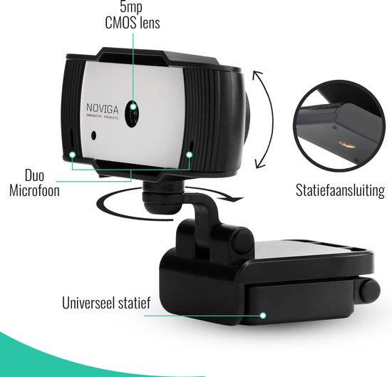 Webcam voor PC met cover en microfoon via USB perfect helder  beeld - autofocus - met statiefaansluiting - NOVIGA - NOVIGA