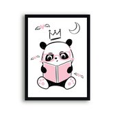 Poster Roze Panda aan het Lezen - Kroontje - Meisjeskamer - Babyshower / Geboorte Cadeau - Babykamer - 80x60cm - Postercity
