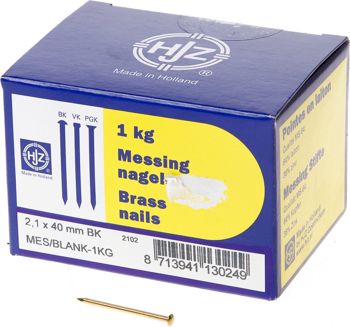 Hjz Messing nagels bombe kop 2.1 x 40mm 1kg