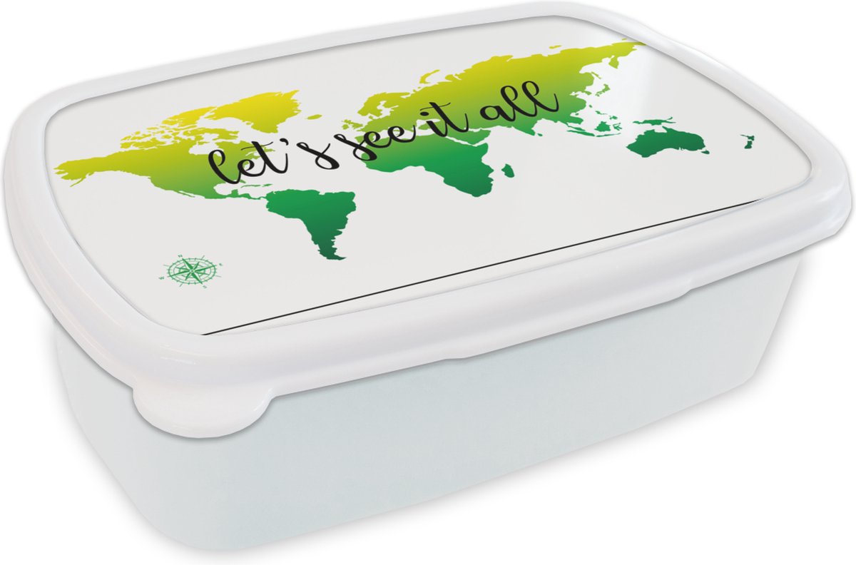 Broodtrommel Wit - Lunchbox - Brooddoos - Wereldkaart - Groen - Kompas - 18x12x6 cm - Volwassenen