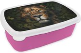 Broodtrommel Roze - Lunchbox - Brooddoos - Jungle - Leeuw - Dieren - Bladeren - 18x12x6 cm - Kinderen - Meisje
