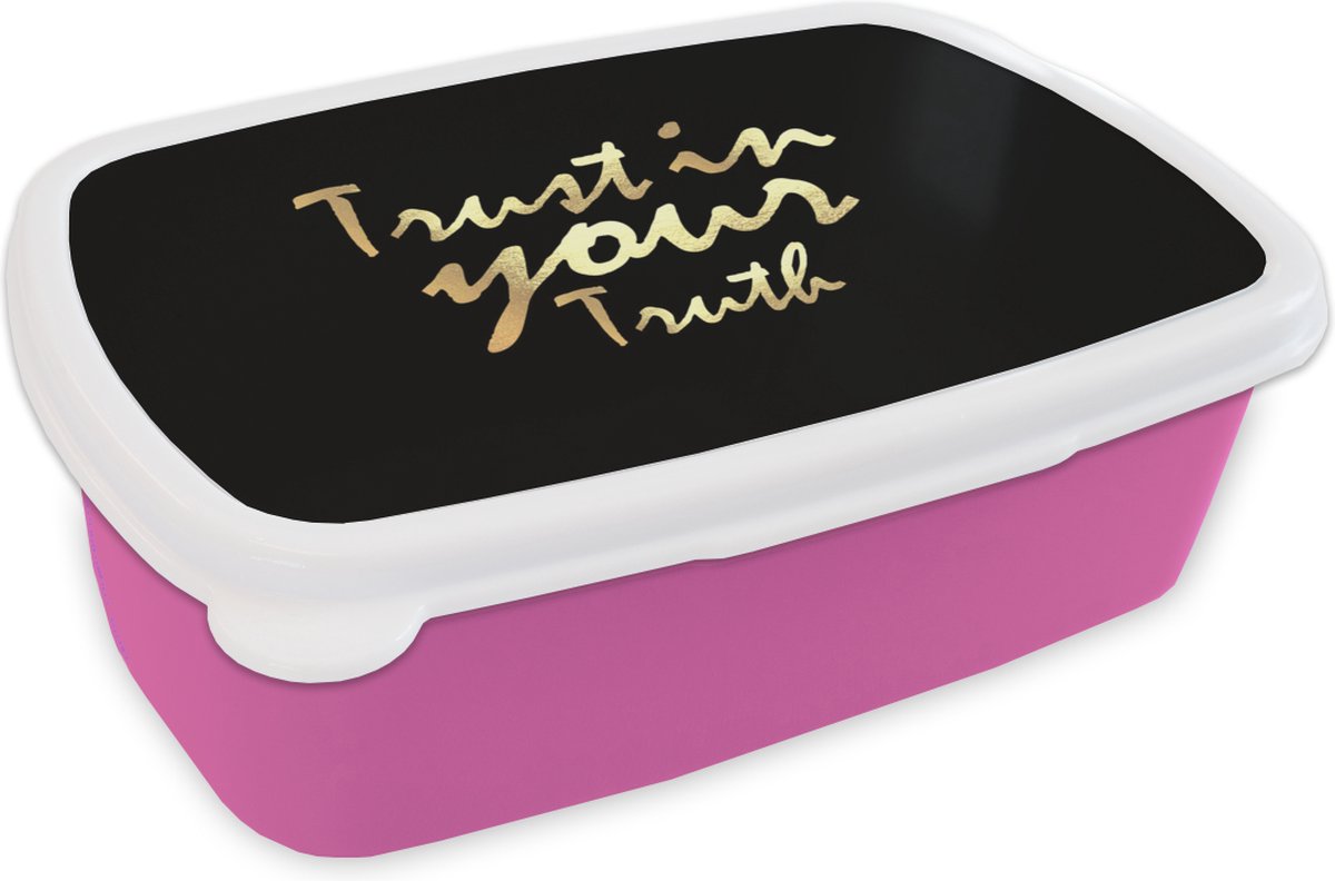 Broodtrommel Roze - Lunchbox - Brooddoos - Quote - Trust - Goud - 18x12x6 cm - Kinderen - Meisje