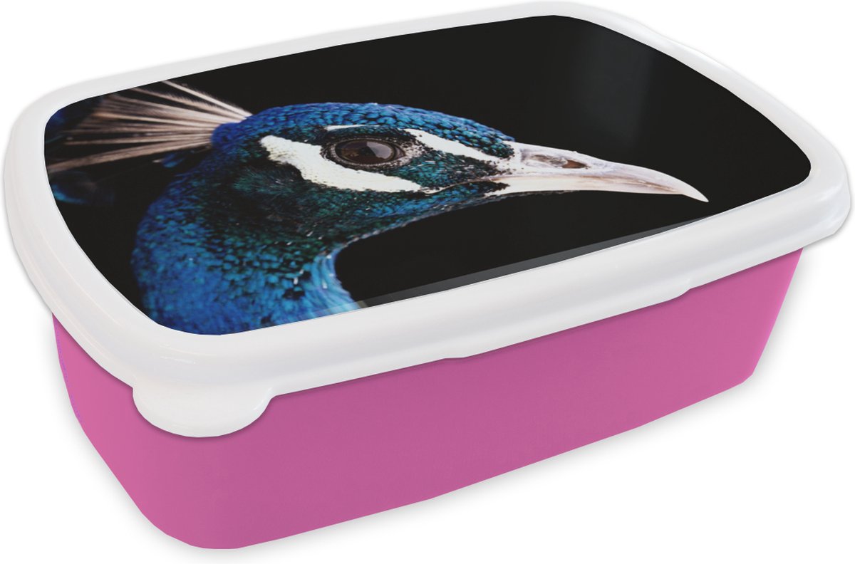 Broodtrommel Roze - Lunchbox - Brooddoos - Pauw - Dier - Blauw - 18x12x6 cm - Kinderen - Meisje