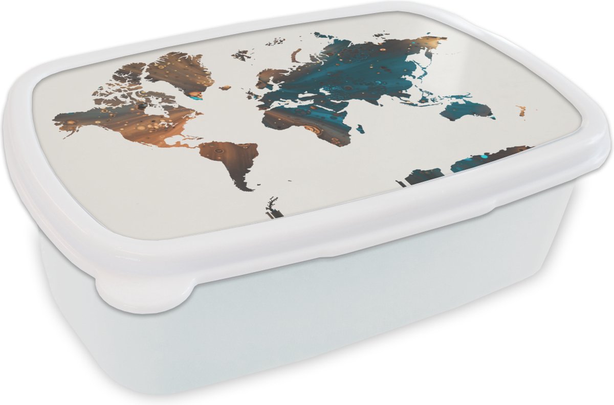Broodtrommel Wit - Lunchbox - Brooddoos - Wereldkaart - Blauw - Verf - 18x12x6 cm - Volwassenen