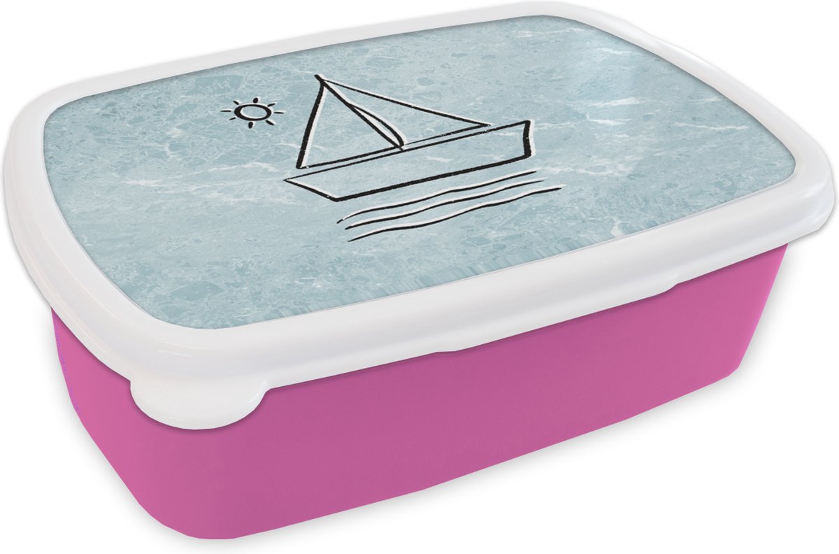 Broodtrommel Roze - Lunchbox - Brooddoos - Zomer - Zeilboot - Zon - 18x12x6 cm - Kinderen - Meisje
