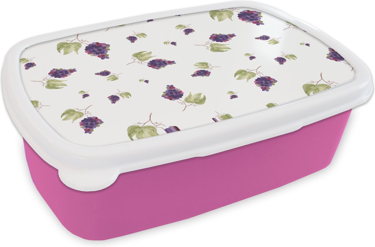 Broodtrommel Roze - Lunchbox - Brooddoos - Druiven - Paars - Wit - 18x12x6 cm - Kinderen - Meisje