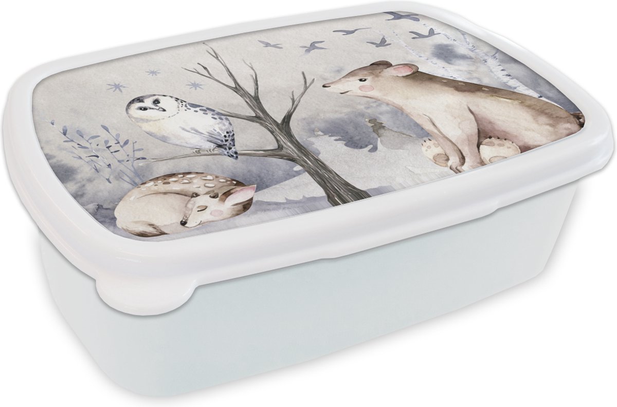 Broodtrommel Wit - Lunchbox - Brooddoos - Winter - Hert - Uil - Beer - 18x12x6 cm - Volwassenen