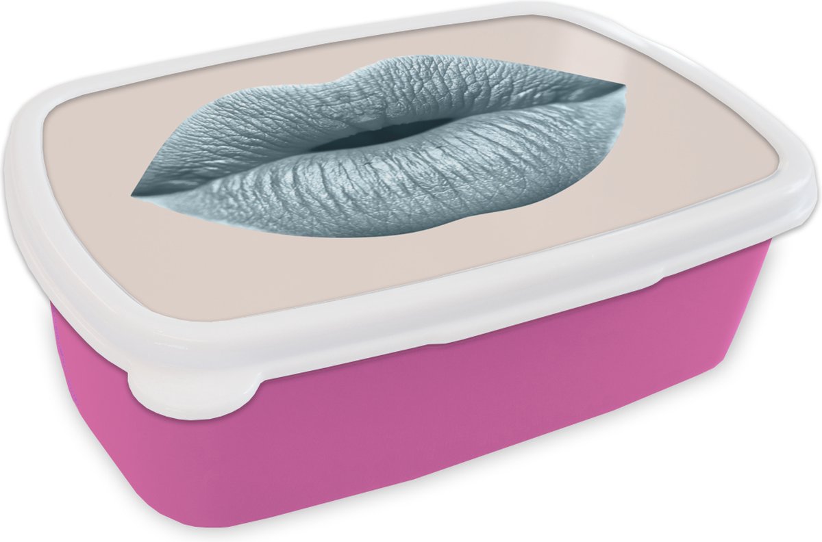 Broodtrommel Roze - Lunchbox - Brooddoos - Lippen - Pastel - Grijs - 18x12x6 cm - Kinderen - Meisje