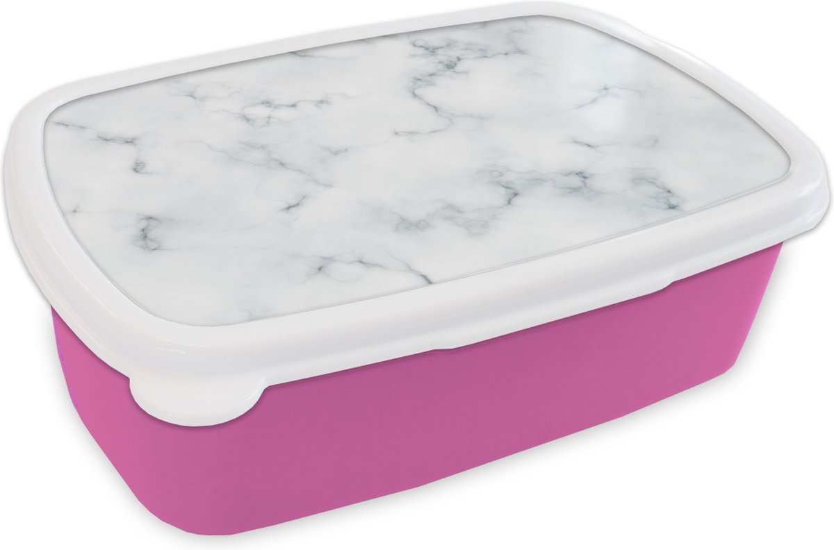 Broodtrommel Roze - Lunchbox - Brooddoos - Marmer - Chic - Wit - Zwart - 18x12x6 cm - Kinderen - Meisje